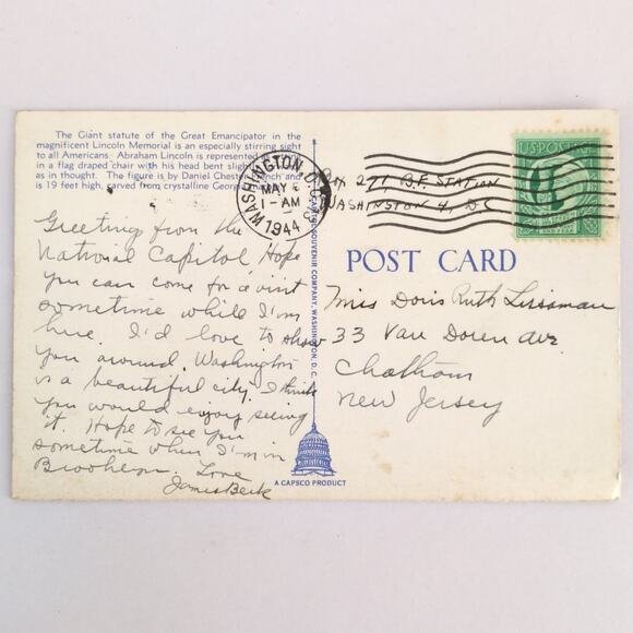 Vintage Washington DC Linen Postcard Lincoln Memorial Statue 1944 WWII Era - Picture 2 of 2